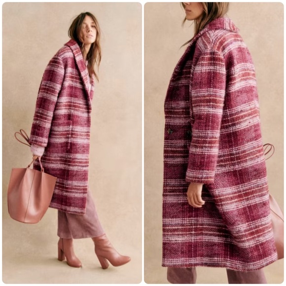 Sezane Jackets & Blazers - Sézane Joe Shawl Wool Blend Coat in Burgundy and Pink Tartan Sz 38 US 6